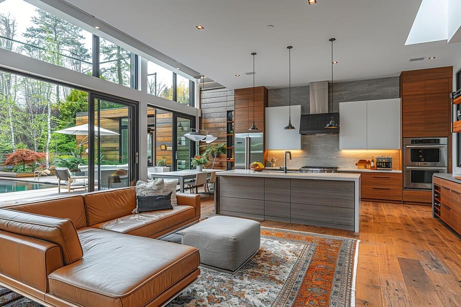 Large living room with tan leather